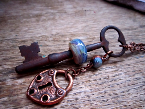 SW Studios Glass Lamwork Bead Skeleton Key Necklace